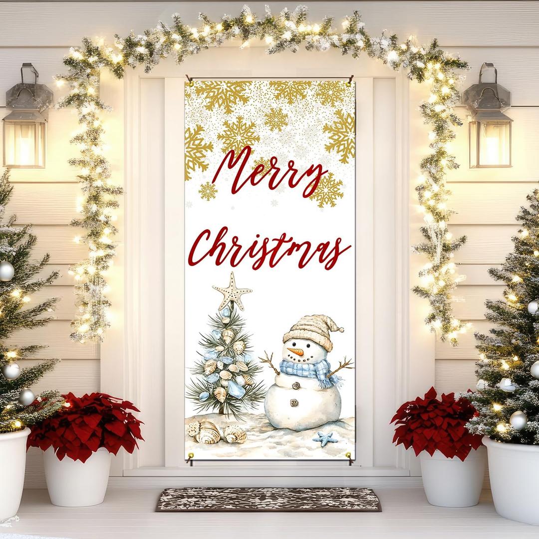 Merry Christmas Door Cover Decorations, Christmas Tree Snowman Golden Snowflakes Doorway Door Curtains Banners Backdrop Photography Decor for Winter Holiday Party Indoor Outdoor, 35 * 79 Inch