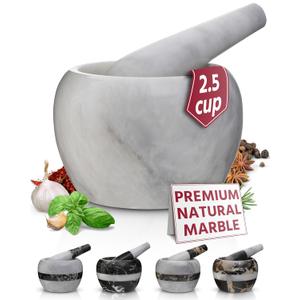 Gusto Nostro Natural Marble Mortar and Pestle Set | 5 Inch - 2.5 Cup Large Mortar Pestle Set for Grinding Herbs, Nuts, Grains | Pesto Grinding and Guacamole Stone Bowl | Marble Spice Crusher (White)