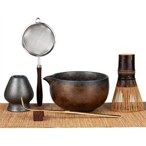Matcha Whisk Set 7-Piece with Handmade Matcha Bowl & 100-Prong Purple Bamboo Whisk (Chasen), Complete Matcha Kit with Holder, Scoop & Rest, Bamboo Tea Mat, Gift-Ready Matcha Set (Gold)