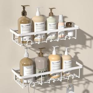 White Shower Caddy Organizer, 2 Pack Adhesive Shampoo Holder Basket Shelves for Storage and Organization, Wall Suction Bath Bathtub Rack Set for RV Camper, Bathroom Restroom Decor and Accessories