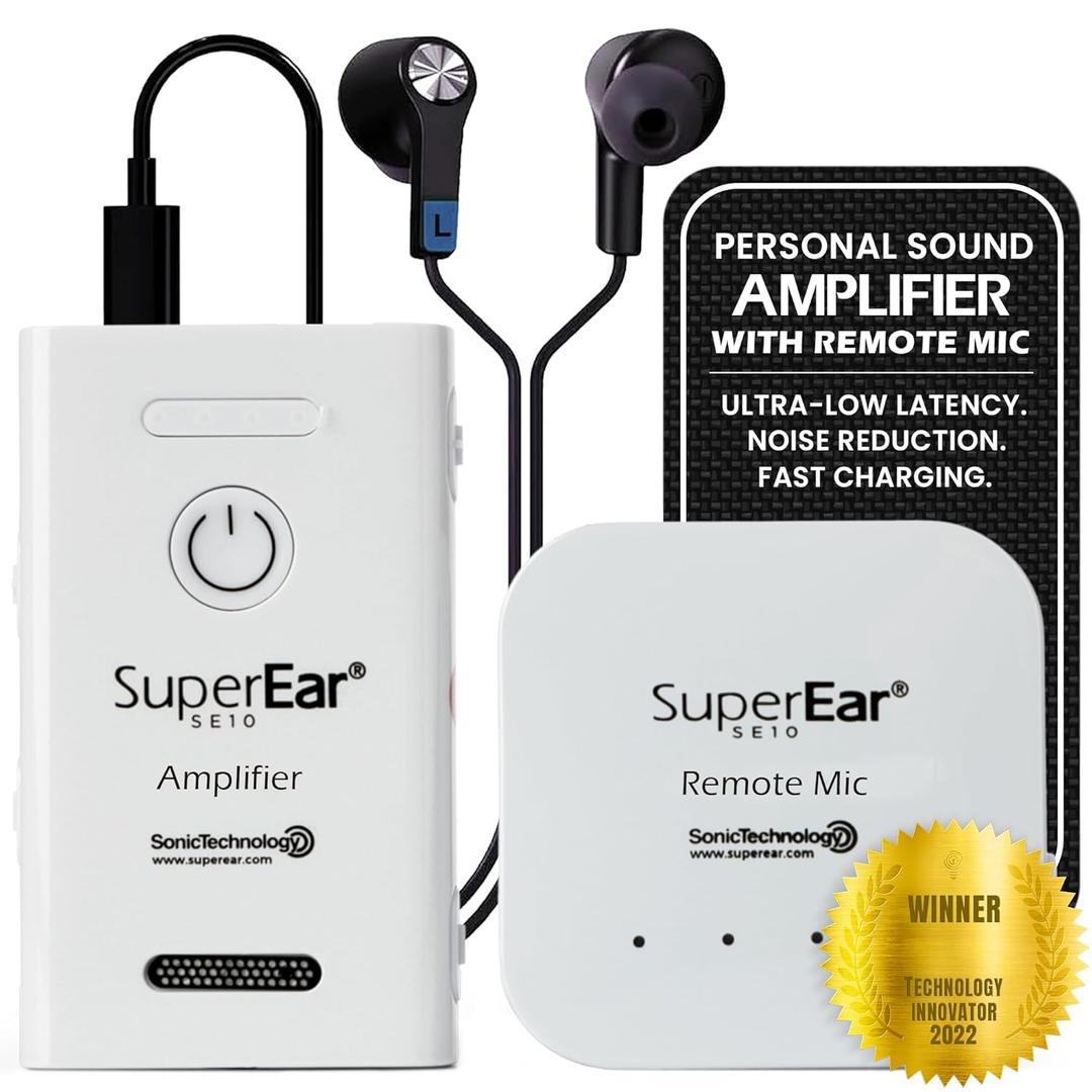 SuperEar NEW Model SE10 for Seniors - TV Headphones Wireless for Seniors Long Range Listening Device Sound Amplifier Listening Device Noise Cancelling - Remote Microphone PSAP TV Audio Accessories
