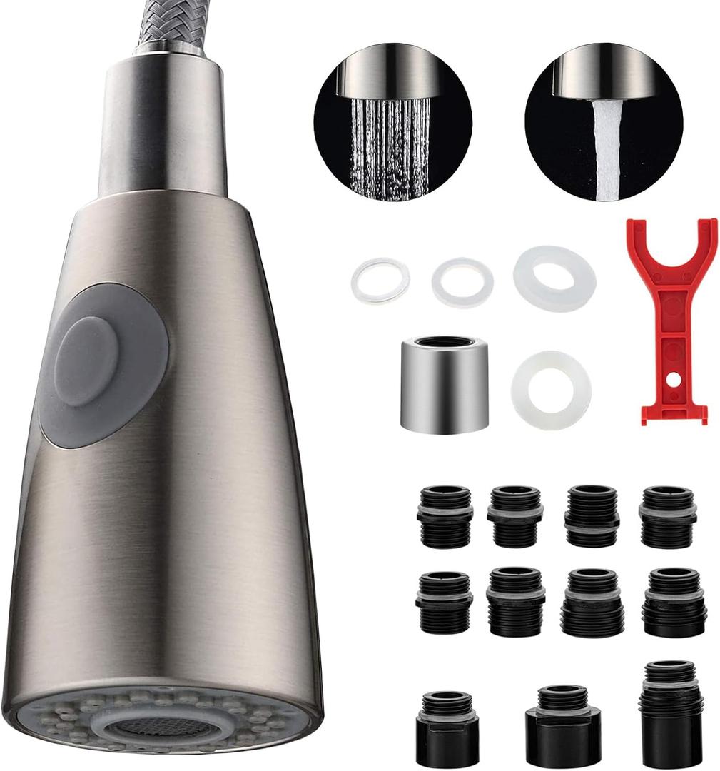 Kitchen Faucet Sprayer Head Nozzle,2 Function Modes,Pull Down Kitchen Sink Faucet Spray Head,12 Adapters Faucet Hose Filter Head Replacement Part Compatible,G1/2 Thread,Brushed Nickel