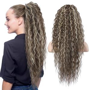 Flufymooz Ponytail Extension, 26 Inch Bohemian Style Drawstring Ponytail Hair Extensions for Women, Long Curly Wavy Pony Tail Natural Synthetic Hairpiece for Women (26 Inch Medium Brown Ash Blonde)