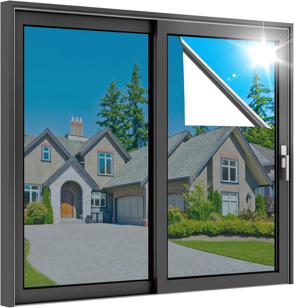 rabbitgoo One Way Window Privacy Film, Window Tint for Home, Reflective Heat Control Sun Blocking Anti UV See Out Not in Glass Door Covering Tinting Film, 17.5 in X 6.5 Feet, Silver