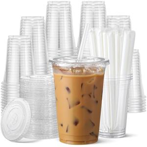 AOZITA 100 Pack - 16 oz Clear Plastic Cups with Lids and Straws, Food Safe Disposable Iced Coffee Cups for Cold Beverages, Smoothies, Iced Coffee, Leak-Proof, BPA-Free