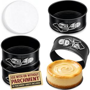 Tellshun 4 Pack Small Springform Cheesecakes Pan Tins Set 4 Inch Mini Baking Mold 4 Pieces Round Leakproof Nonstick Removable Bottom Bakeware for Pie Pizzas and Quiches Includes 50Pcs Parchment Paper