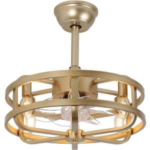 18" Gold Bladeless Ceiling Fan with Light, Caged Fandelier with Remote Control, 6-Speed Reversible Motor, Low Profile for Bedroom, Kitchen, Dining Room