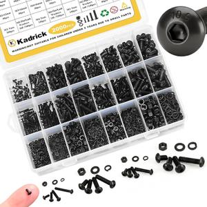Kadrick Metric Screw Assortment, 2000PCS Metric Bolt Assortment Kit M2 M3 M4 M5 Machine Screws with Lock & Flat Washers, Grade 10.9 Alloy Steel Hex Socket Button Head Black Screws Nuts and Bolts Kit