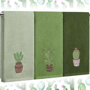 FuWeave 3 Pcs Green Cactus Summer Hand Towels for Bathroom 100% Cotton 29.5 x 13.8'' Embroidered Decorative Absorbent Soft Bath Hand Towels for Bathroom Kitchen Gift Decor