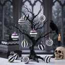 24Pcs Gothic Black and White Christmas Ball Ornaments Spooky Tree Hanging Balls with Purple Green Glitter Drips 2.36 Inch Stripe Dot Hanging Ornaments for Halloween Xmas Tree Nightmare Party Supplies