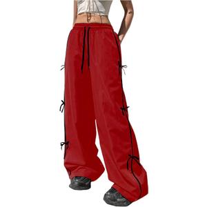 BEAUDRM Girl's Y2k Bow Baggy Pants Parachute Track Pants Wide Leg Loose Sweatpants Drawstring Joggers Hip Hop Dance, Red, Size: 8Y