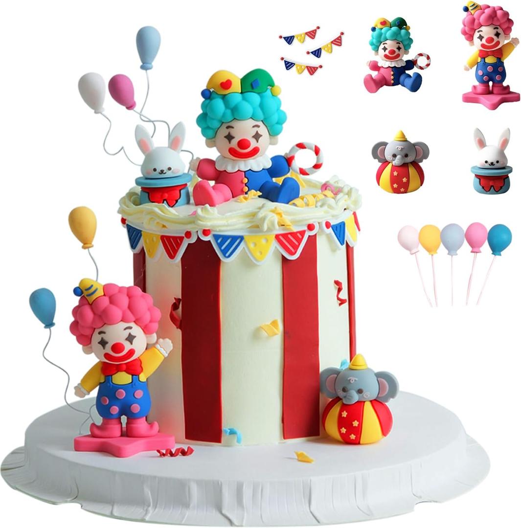 Vibrant Circus Theme Cake Toppers - Clown, Elephant, balloon,and Rabbit Birthday Cake Decorations, Carnival,Celebration Cakes Topper