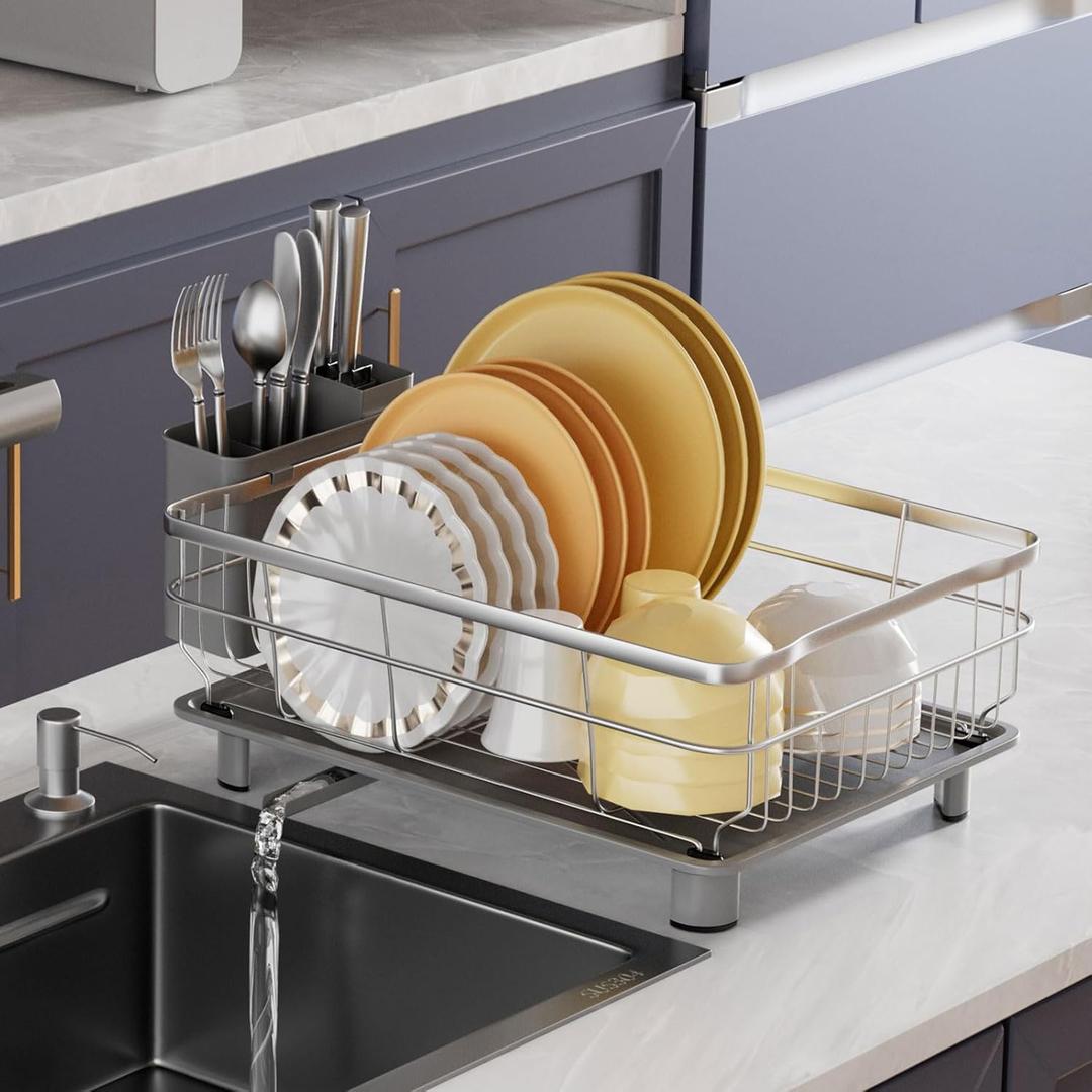 AIDERLY Stainless Steel Dish Drying Rack with Drainboard Dish Drainers for Kitchen Counter Extendable Spout Strainers with Utensil Holder and Knife Slots, Grey (Gray)