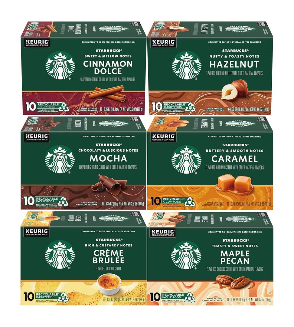 Starbucks Coffee K-Cup Variety Pack, 1 Cinnamon Dolce, 1 Hazelnut, 1 Mocha, 1 Crme Brulee, 1 Maple Pecan, 1 Caramel, 10 CT K-Cups, 1 CT (3.53 Ounce (Pack of 6) (BBD 04 SEP 2025)