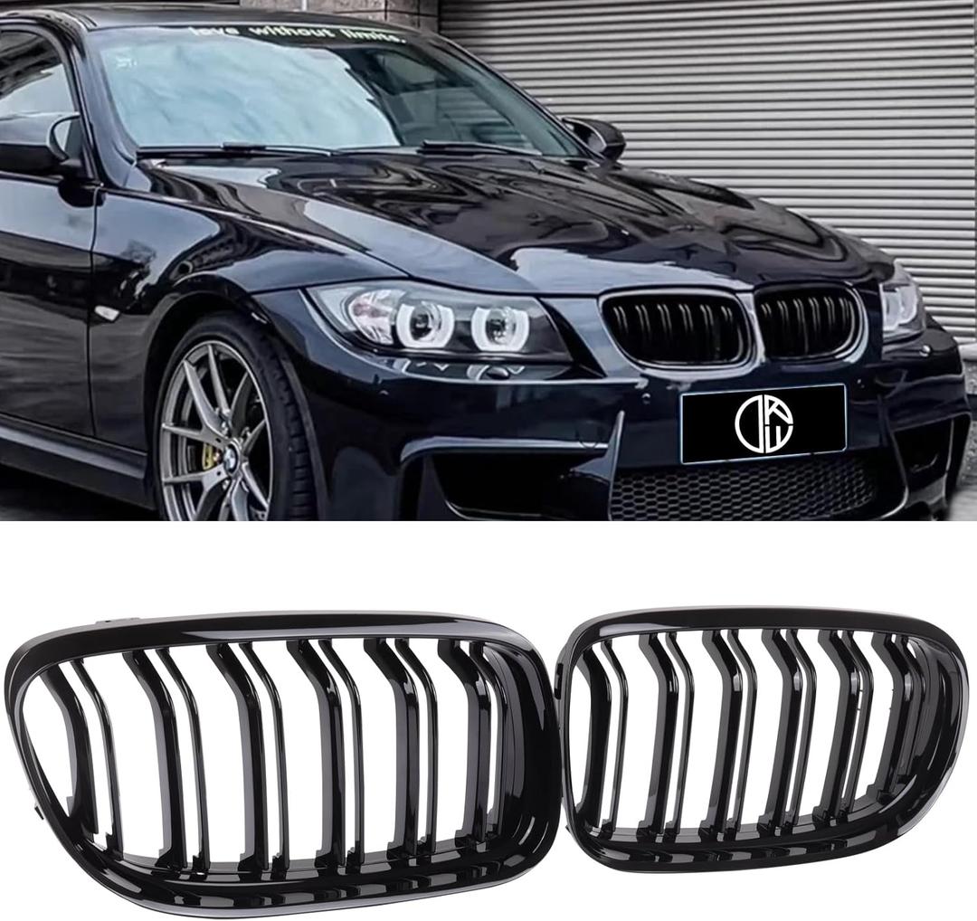 E90 Grille, Front Kidney Grill Compatible with BMW 3 Series 2009-2011 E90 E91 (Double Slats Gloss Black Grills, 2pcs)