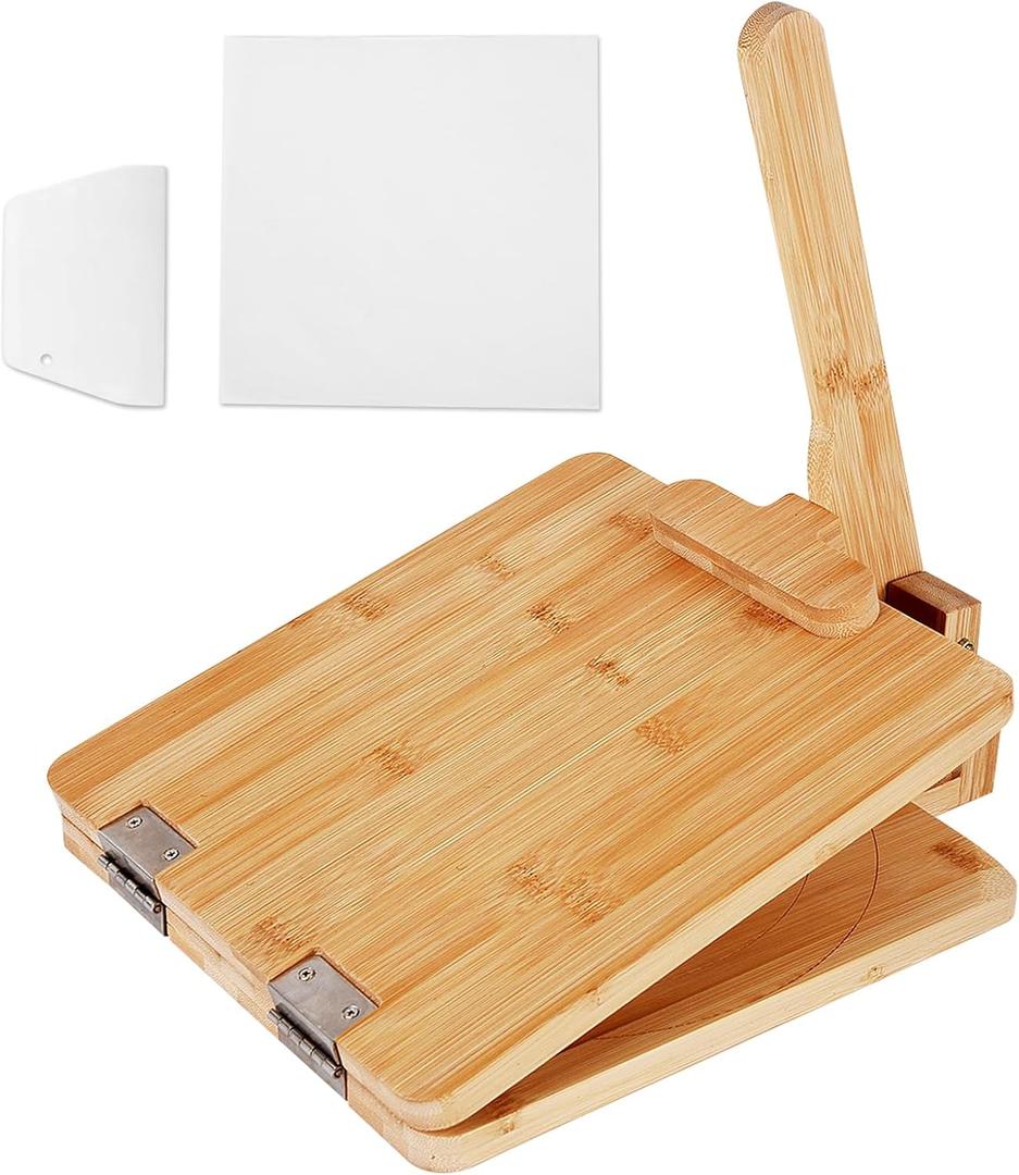 Premium Wooden Tortilla Press, Tortilla Press 10 Inch, Tortilla Maker With 50 Pieces Parchment Paper For Tortillas Roti Burrito, Mexican Tacos, Patacones Square