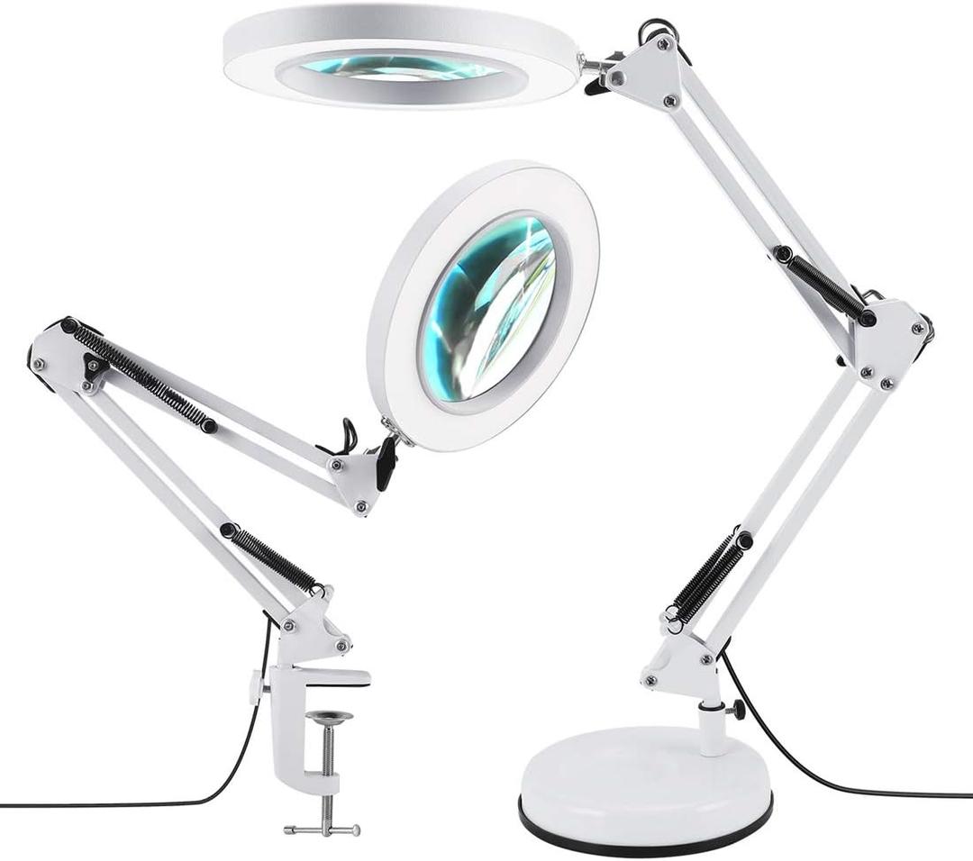 LANCOSC 2-in-1 Magnifying Glass with Light and Stand, 5X Real Glass Lens 3 Color Modes Stepless Dimmable, Adjustable LED Lighted Magnifier Desk Lamp with Clamp for Reading, Crafts, Close Works - White