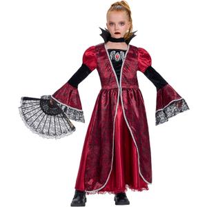 IKALI Girls Vampire Costume Outfit, Kids Princess Fancy Dress Up Gown for Halloween Party (Red)