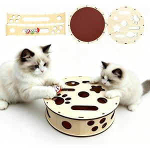 Large Cylindrical Cat Nail File Box, Wooden Cat Scratch Puzzle Box with Sandpaper & Bells, Interactive Cat Scratcher, Stress-Free Nail Trimming for Indoor Cats