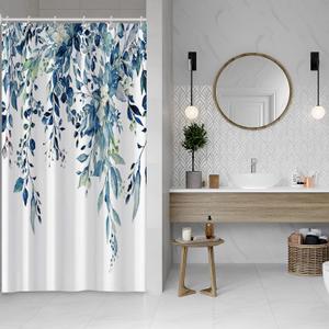 Blue Eucalyptus Shower Curtain, Watercolor Spring Plant Leaves with Floral Shower Curtain Waterproof Fabric Shower Curtain Set with Hooks, 48x72 Inch