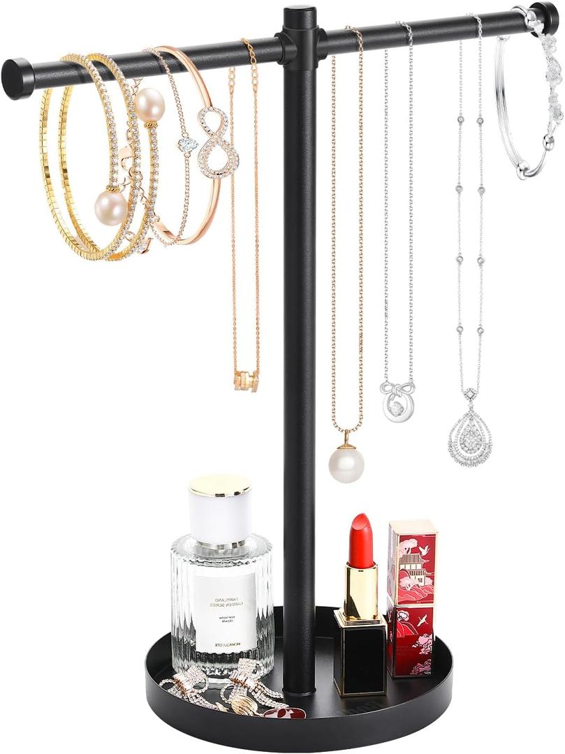 bodkar Jewelry Necklace Organizer Stand,12.9" Tall Sturdy Metal Jewelry Stand with Round Tray for Bracelet Bangles Holder Display,Long Necklace Organizer Holder (black)