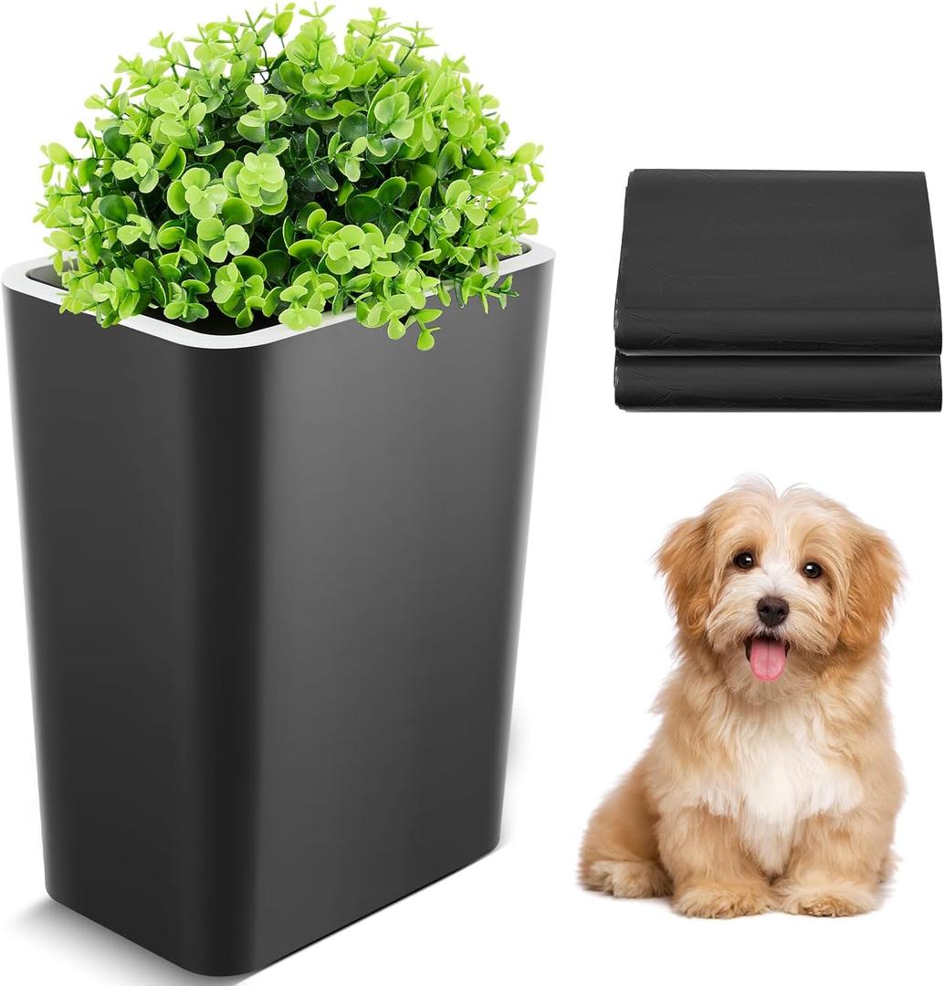 Jingmore Dog Poop Trash Can Outside 3.96 Gal/15 L Plant Styled Dog Waste Trash Can with Lid 50 Pcs Plastic Waste Bags Outdoor Indoor Poop Container Slim Garbage Bin for Yard Garden Pet (Gray)