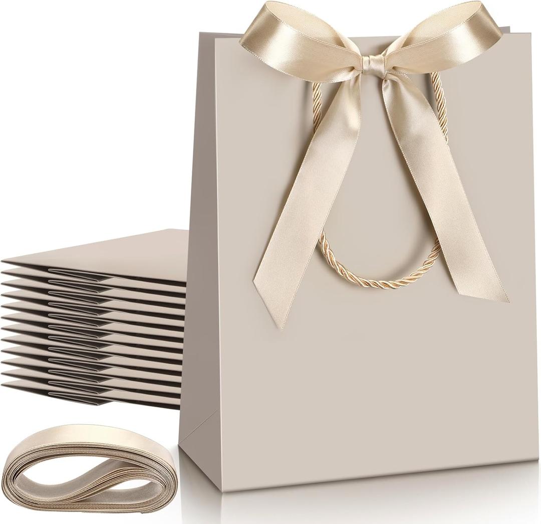 Silkfly 12 Pcs Paper Gift Bags with Handle 9x7x3.15'' Thank You Gift Bags with Bow Ribbon for Holiday Valentines Wedding Bridal Baby Shower Birthday Party (Champagne)