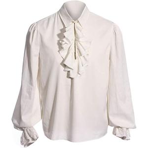 Runcati Mens Pirate Shirt Ruffle Victorian Renaissance Steampunk Vampire Poet Shirts Medieval Halloween Costume (2XL, 01 White)