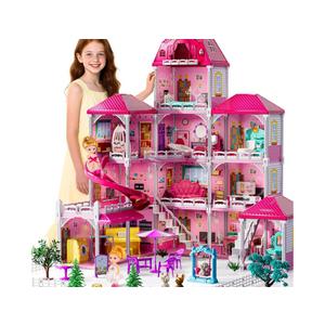Villa Playset for Girls Ages 3-7, 4-Story 12 Room House with 2 Dolls, Furniture and Accessories, Indoor Playset Girls Toys for Ages 6-8, Pretend Toddler Toy, Birthday Gifts for Kids 4-8