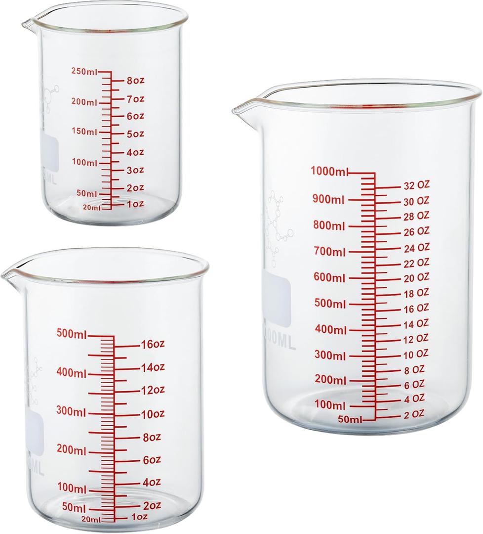 High Borosilicate Glass Measuring Cup Set-V-Shaped SpoutIncludes 250ml(8OZ), 500ml(16OZ), and 1000ml(32OZ) Glass Measuring Beaker, Easy to Read