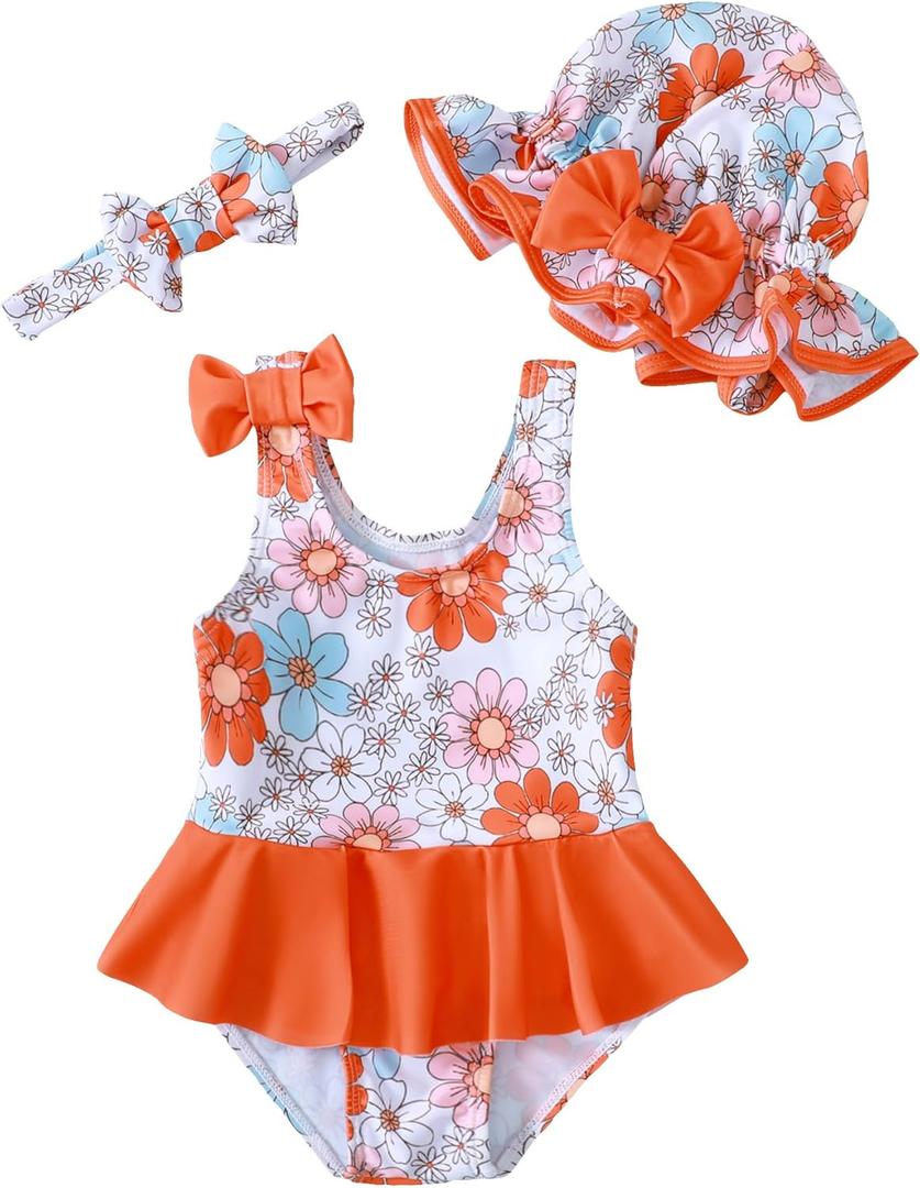 Saeaby Newborn Baby Girl Swimsuit Toddler Ruffle Swimsuit Bikini Tankini Infant Swimwear One Piece Bathing Suits for Girls (18-24 Months, Flower Orange)