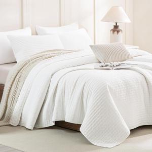 CozyTide White Oversized King Quilt 120x120,Stone-Washed Cotton Lightweight Oversized King Bedspread,3 Pieces Extra Large Modern California King Coverlet Set Ultra Soft, Oversized King 120x120, Milk White-cross