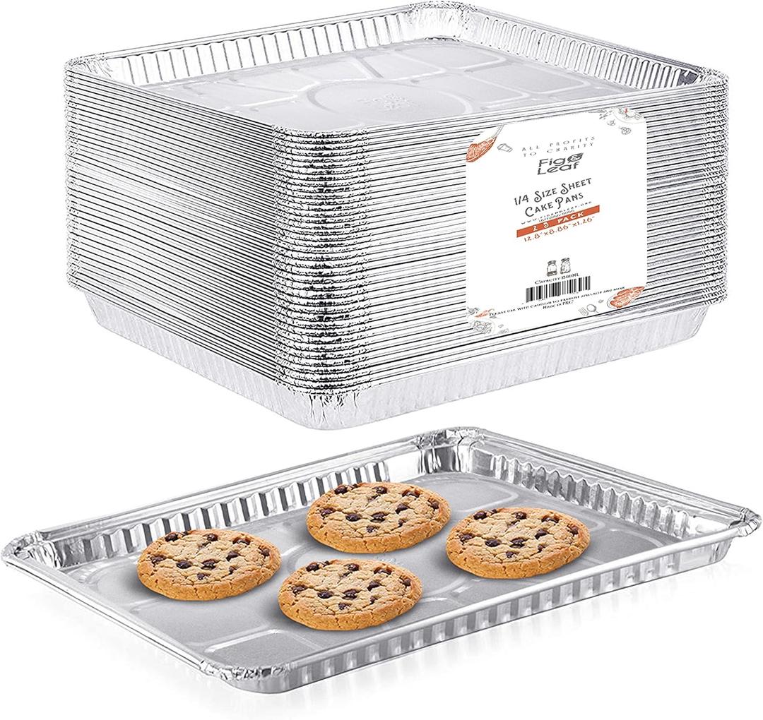 (25 Pack) 1/4 Size Cookie Sheet Baking Cake Pans l 12.8” x 8.9” Disposable Aluminum Foil Trays l Premium Heavy Duty Nonstick Baking Sheets Reusable