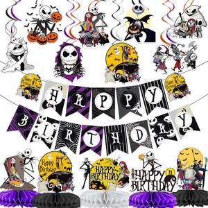 Night Before Christmas Banner Night Before Christmas Birthday Decorations Jack Skellington Birthday Decorations Halloween Banner for Halloween Party Decorations Supplies (Purple Black)