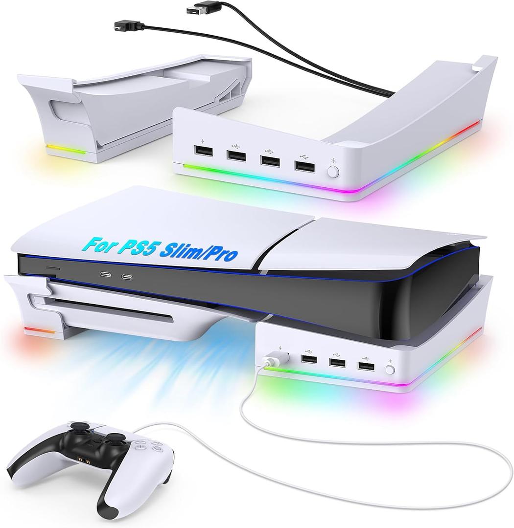 Auarte RGB Horizontal Stand for PS5 Pro / Slim Console Accessories with 14 Light Mode and 4 USB Hubs, Side Stand for Playstation 5 Pro Slim Disc & Digital, Base Holder with Controller Charging, White