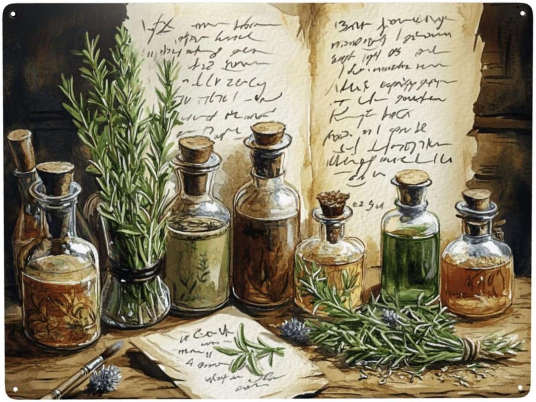 Cafemira Metal Tin Sign, Vintage Collage Of Herbs & Apothecary Jars, Tin Signs Wall Decor Art, For Living Room, Bedroom, Exquisite Unique Artistic Plaque Poster, Practical Decor Gift, 12x16 Inch