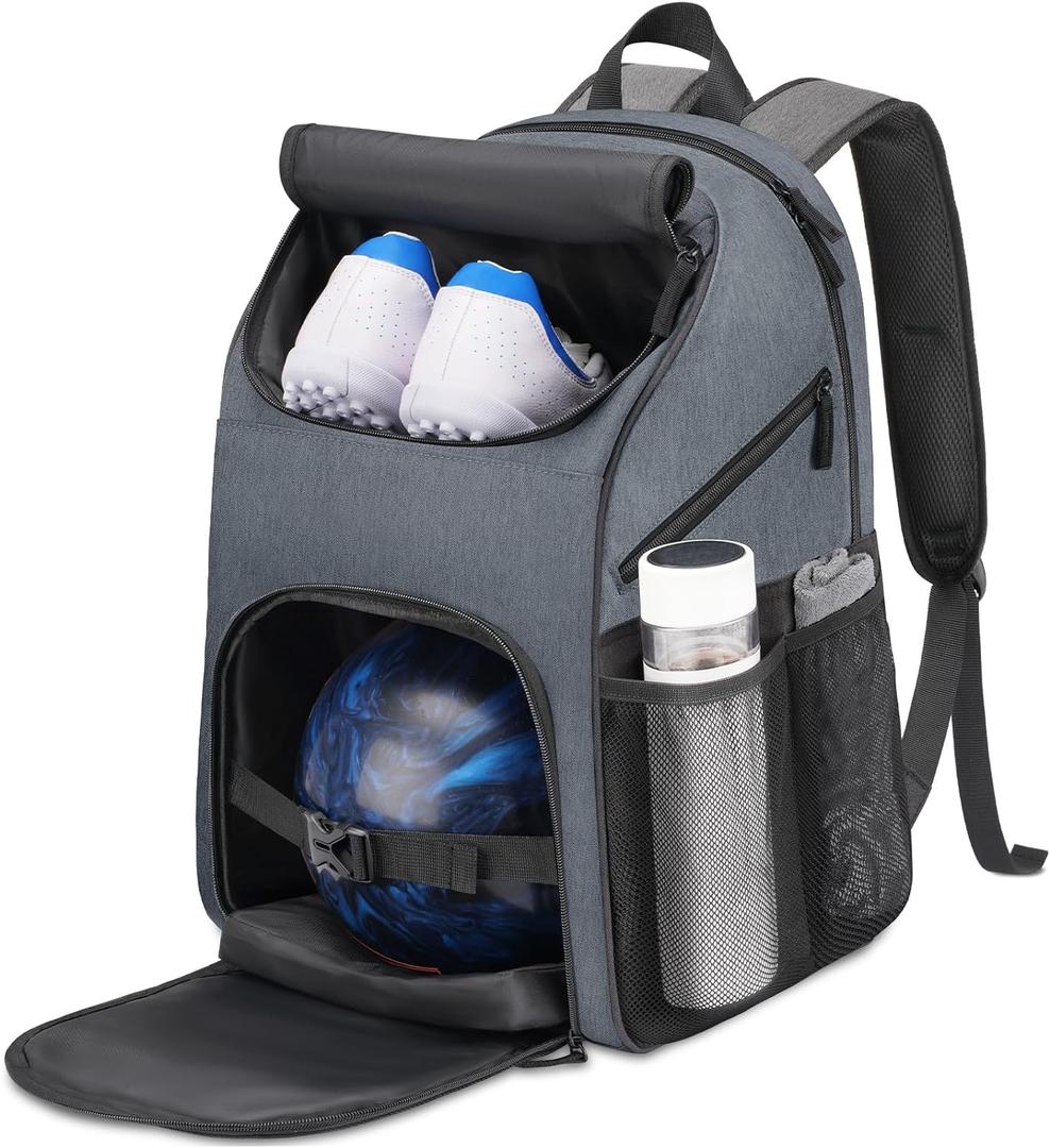 Bosynoy Bowling Backpack, Bowling Ball Bag for Single Ball with Shoe Compartment & Portective Foam Padded, Fits Shoes Up to US Mens Size 16, Grey (Gray)