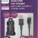 Philips Charging Pack 1 DC Charger 2 USB 2.4A & 1USB-A-C Cable Braided, 6 ft