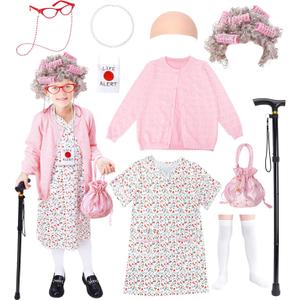 11 Pcs Old Lady Costume for Kids,100 Days of School Costume Girls,Granny Grandma Costumes Kids Accessories (5-7yr, Pink)