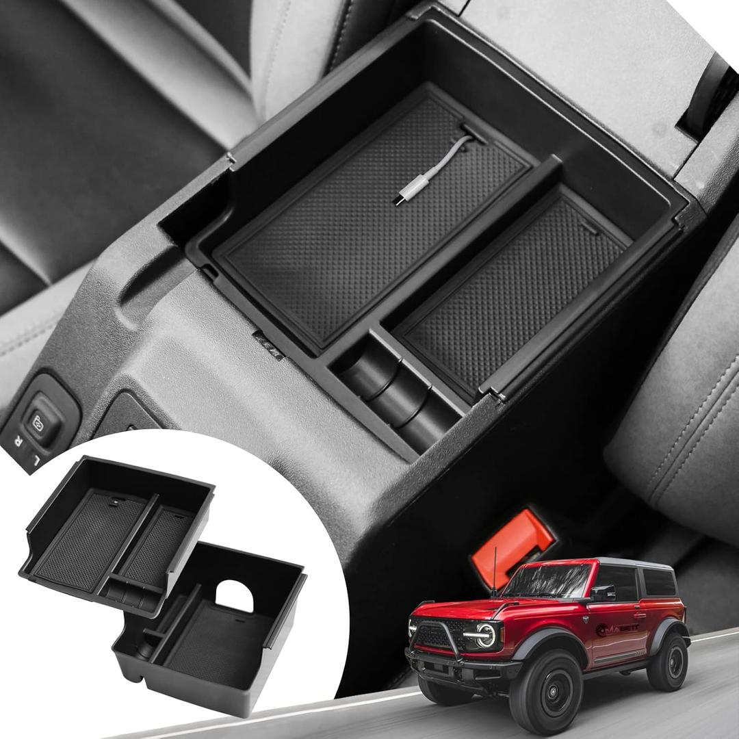 Mabett Console Organizer Tray for Bronco Accessories, Armrest Storage Box fit Bronco 2021 2022 2023 2024 2/4-Door with Non-Slip Mat Black (Not Fits 2025 Verison) (V2 New Upper Tray + Lower Tray)