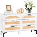 6 Drawer Double Dresser for Bedroom, Wood Rattan Dresser for Closet with Metal Handles, Boho TV Stand with Drawers, White Dressers & Chests of Drawers for Bedroom, Hallway and Entryway