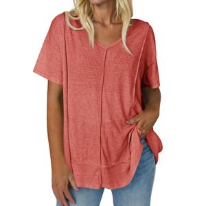 Tankaneo Womens Oversized Tshirts Knit V Neck Short Sleeve Tunic Tops Summer Casual Loose Fit Tee Shirts Orange Red (Red)