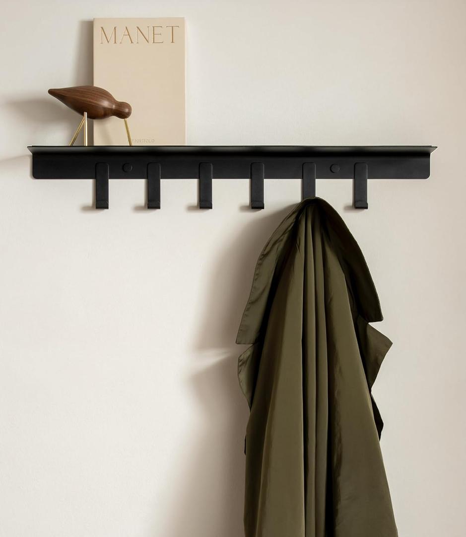Kazai. Coat Rack Wall Mount with Shelf 'Holmsen' | Coat Rack with Shelf for Storage and Display | Wall Hooks for Hanging Clothes and Purses | Modern Entryway Hangers in Metal | Black