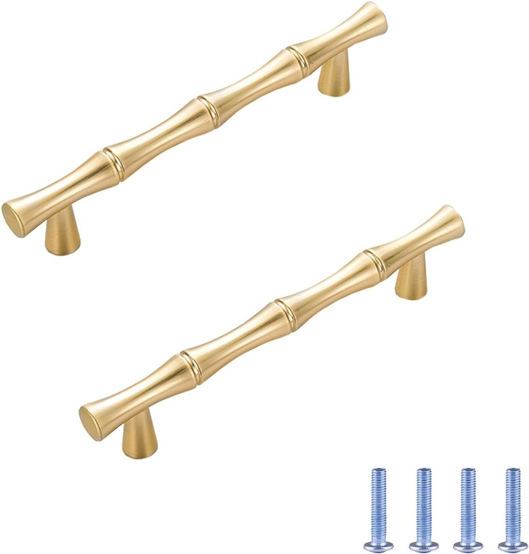 3-3/4"(96mm) Bamboo Shape Cabinet Pulls Gold Dresser Pulls Kitchen Pulls Zinc Alloy Pulls Drawer Pulls Cupboard Wardrobe Furniture Pulls Hardware Drawer Handles, 2 Pack