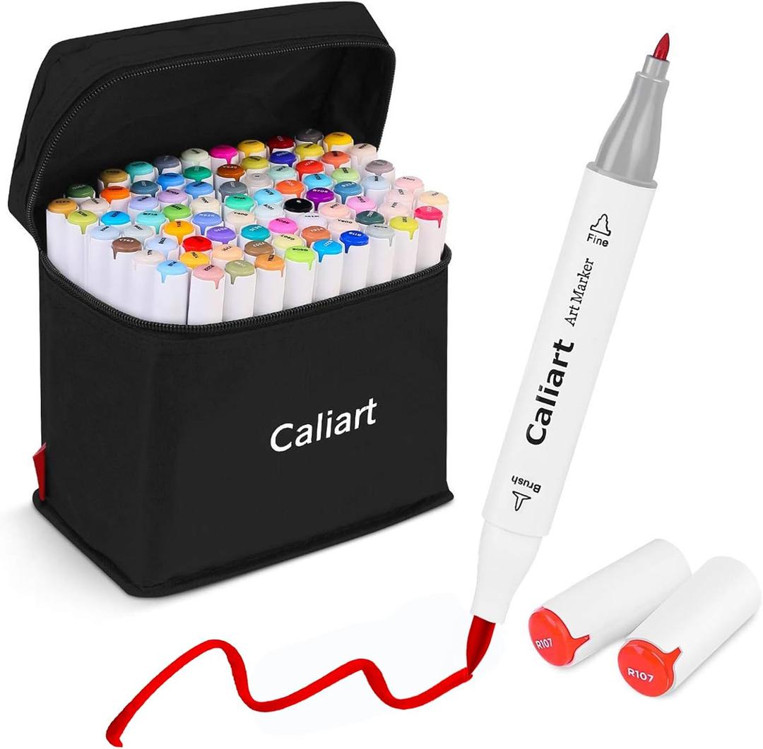 Caliart Alcohol Based Markers, 81 Colors Art Drawing Markers Set Dual Tip Brush & Fine Permanent Colored Sketch Pens, with Case for Artists Adults Coloring Book