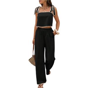 SOLY HUX Women's Summer Vacation 2 Piece Set Tie Shoulder Crop Top and Pants Travel Outfits (Black, S)