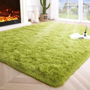Green Grass Area Rugs for Bedroom Living Room, 9x12 Fluffy Fuzzy Shaggy Carpet for Kids Playroom Nursery Room, Thick Soft Plush Mat for Kids Baby Boys Teen Dorm Home Decor Aesthetic