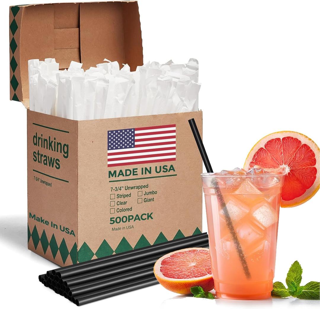 Glotoch Express 500 PCS Individually Wrapped Black Plastic Straws, 7.75'' Long, 0.24'' Diameter Disposable Drinking Straws for Every Occasion, Party, Made in USA