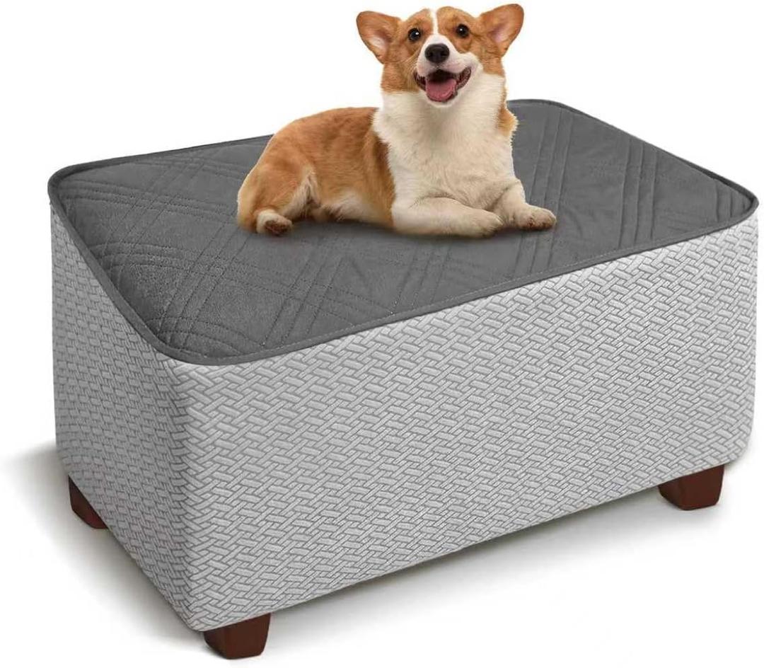 MEHIDFY Ottoman Cover, Waterproof Square Stool Slipcover, Quilted Stretch Furniture Protector, 28-32 Inches, Machine Washable (Grey, Medium)