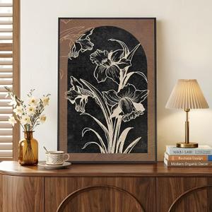 Framed Boho Floral Wall Art for Living Room, Abstract Black Brown Flower Canvas Paintings Prints Artwork for Walls, Mid Century Modern Bohemian Pictures Wall Decor for Bedroom Home Office, 24x36 Inch